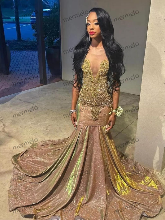 Shiny Gold Sequins Mermaid Prom Dress Beaded Rhinestone For Black Girls