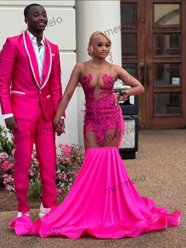 Pink Prom Dresses Black Girls Sexy Rhinestone Sequins Birthday Party Gowns