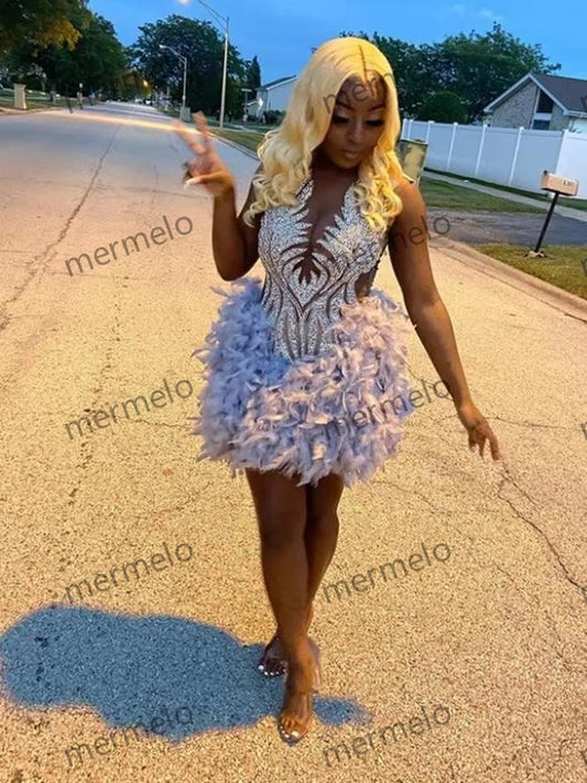 Beaded Crystal Diamond Birthday Party Dresses Feathers Mini Cocktail