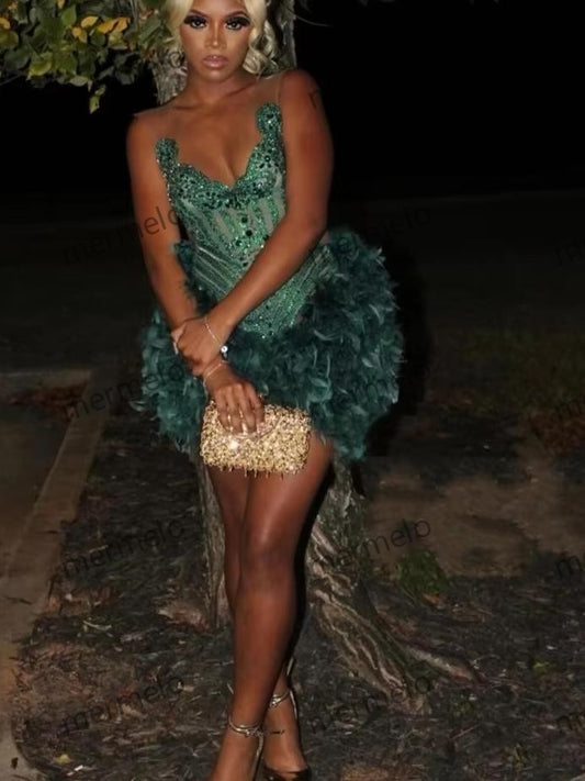 Sexy Green Short Prom Dress For Black Girls Beaded Crystal Feathers