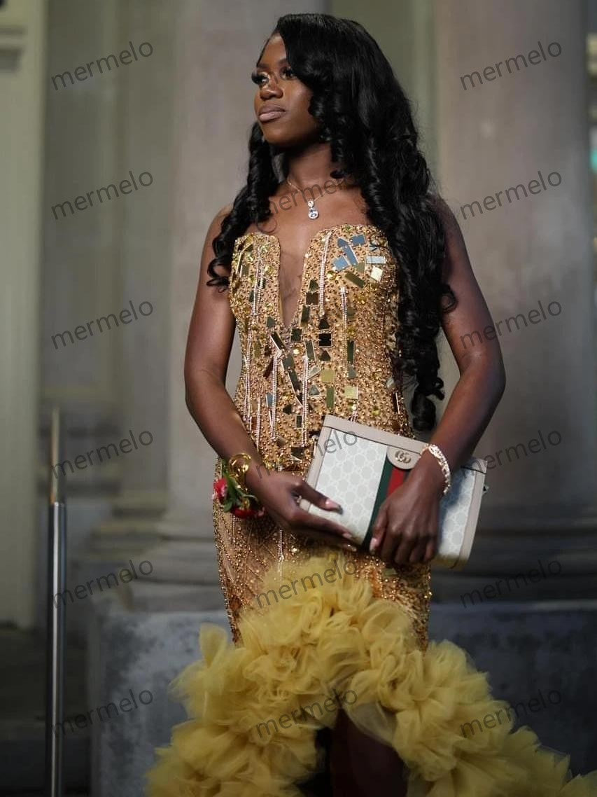 Gold Diamonds Mermaid Ruffles High Slit Prom Dress For Black Girls
