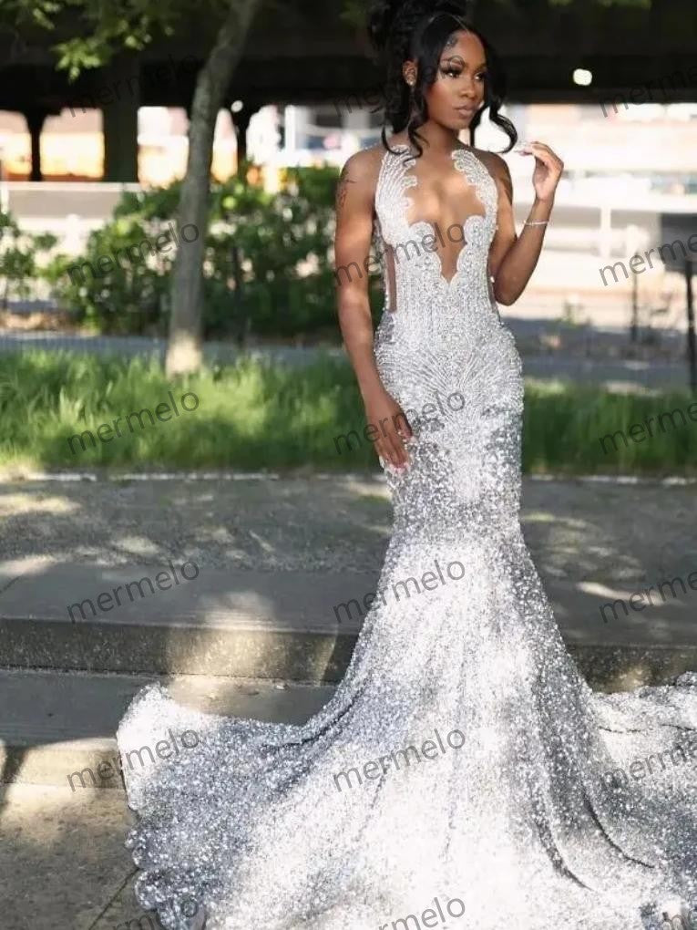 Sexy Diamond Silver Mermaid Prom Formal Dress Black Girl Sparkly