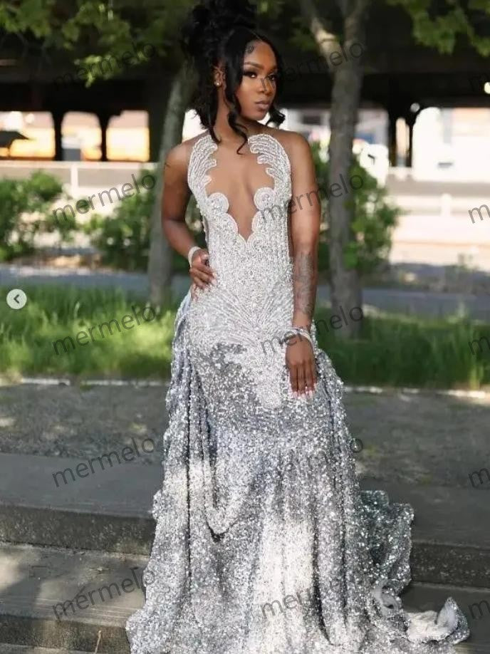 Sexy Diamond Silver Mermaid Prom Formal Dress Black Girl Sparkly