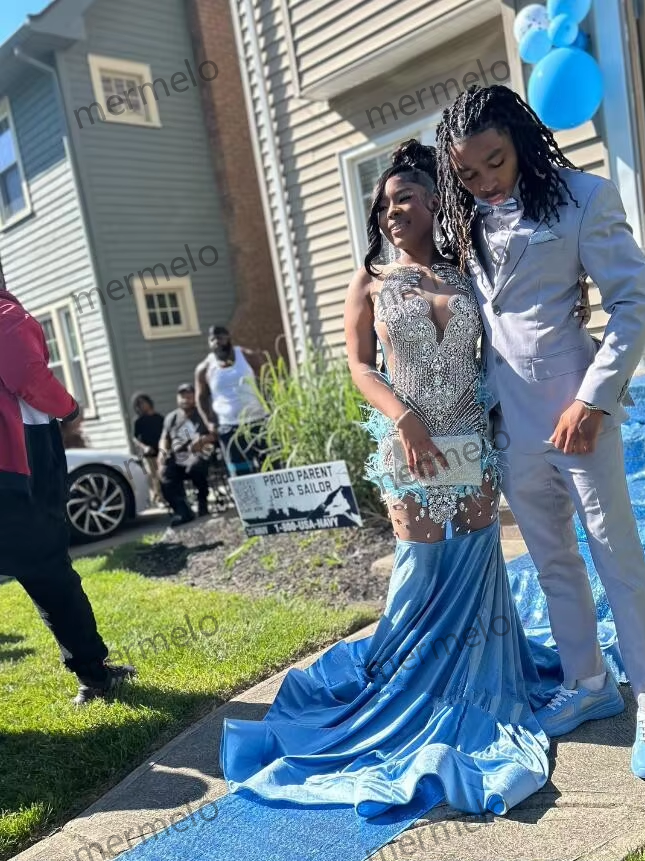 Sky Blue Sparkly Long Evening Party Dresses for Black Girl Luxury Diamond