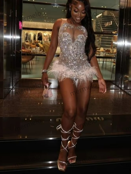 Sexy Feathers Rhinestone Short Prom Dresses Birthday Luxury Dress