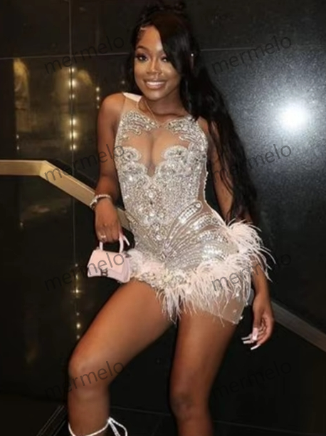 Sexy Feathers Rhinestone Short Prom Dresses Birthday Luxury Dress