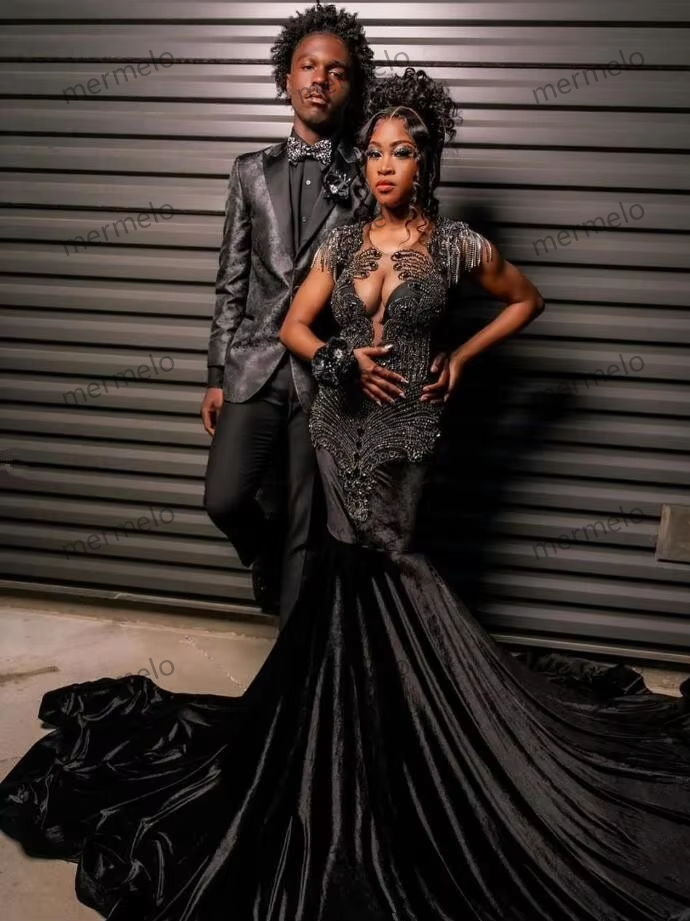 Black Sparkly Tassel Evening Reception Dresses for Black Girl Luxury Diamond Crystal Vevlet