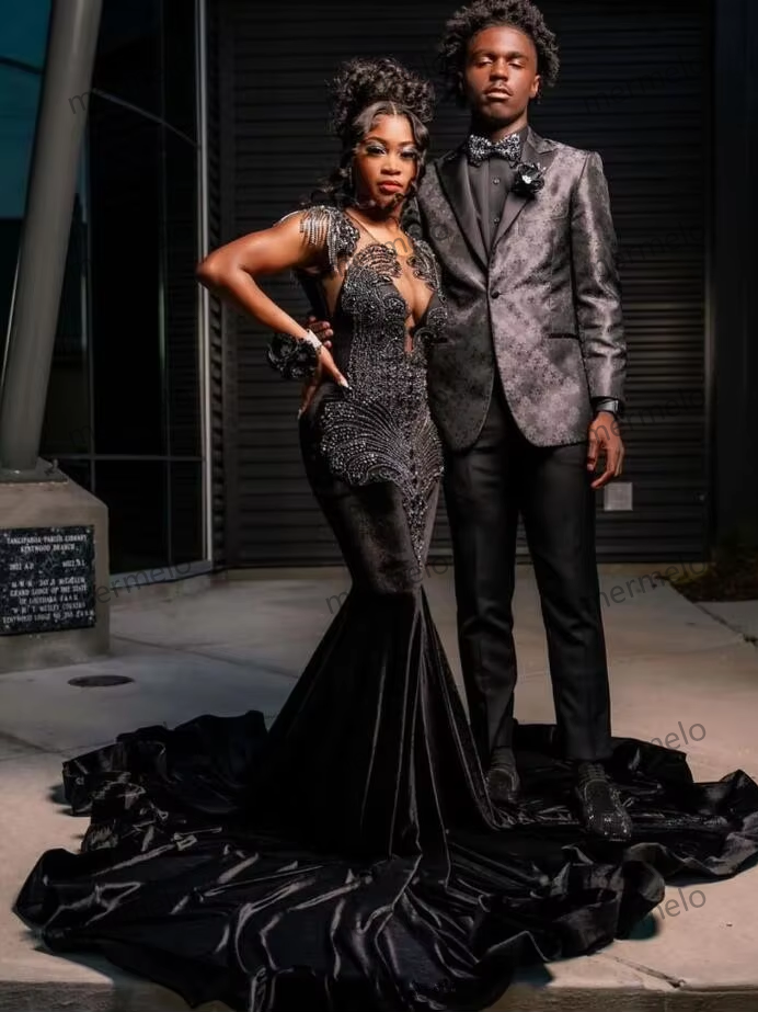 Black Sparkly Tassel Evening Reception Dresses for Black Girl Luxury Diamond Crystal Vevlet