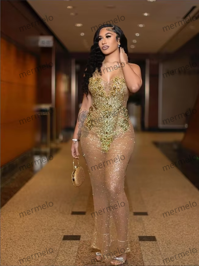 Gold Prom Dresses Black Girls See Through Rhinestone Sequins Birthday Party Dresses