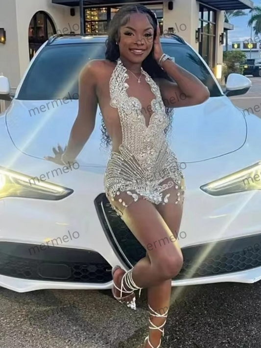 Silver Rhinestone Short Prom Dresses Bead Crystal