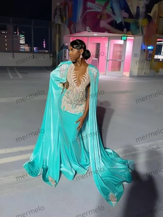 Silver Diamond Crystal Long African Evening Birthday Reception Gown