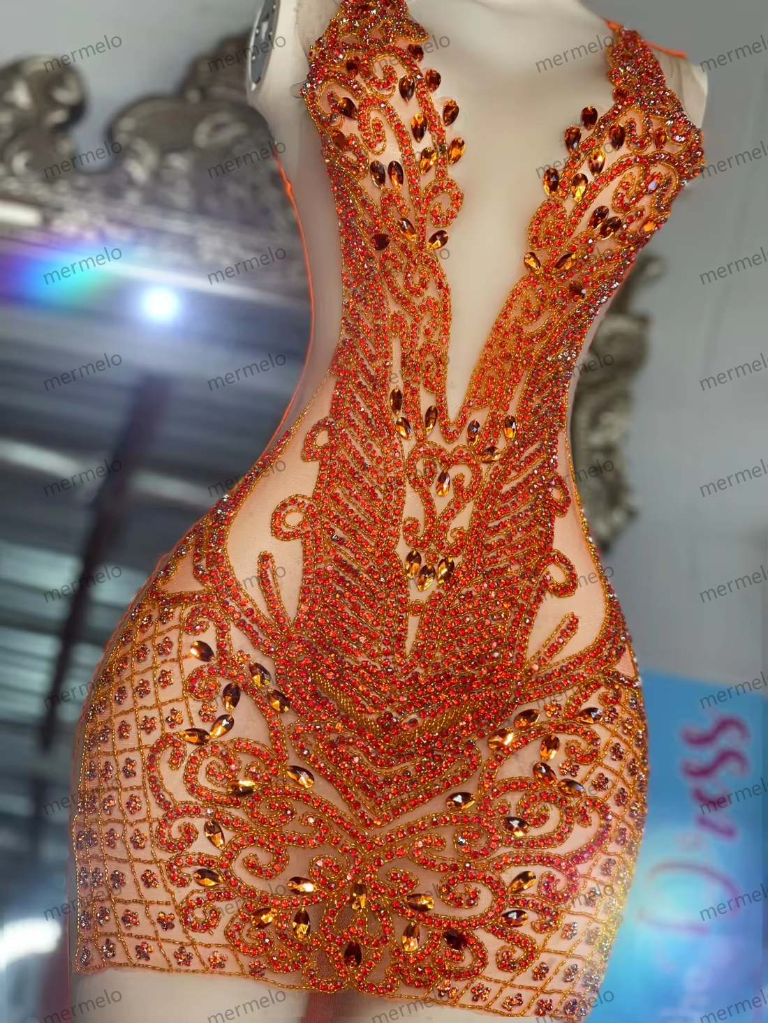 Organge Sheer Sexy Diamond Short Prom Dresses Black Girls Birthday Party Dresses