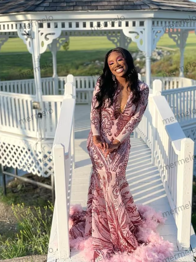 Sparkly Pink Mermaid Prom Party Dresses Long Sleeve Applique Feather