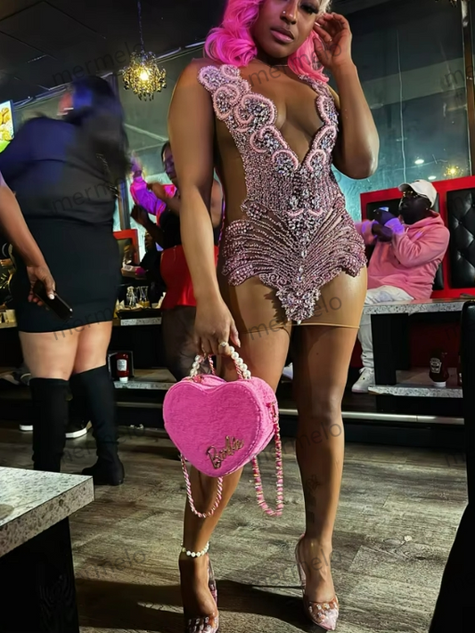 Pink O Neck Short Prom Dresses for Black Girls Beaded Crystal Birthday Party Dress
