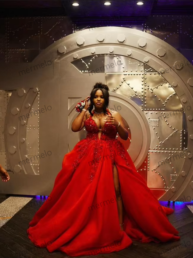 Red Sparking Prom Dress for Black Girl Sexy V-neck Luxury Diamond Crystal Puffy Skirt African Evening Ceremony Dress customsize