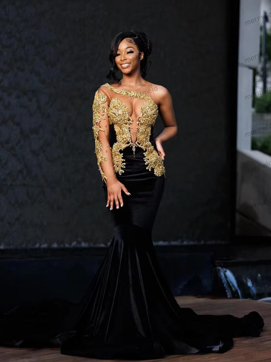New Luxury Black Velour Mermaid Women Prom Dress Beading Gold Crystal Rhinestone Birthday Dress One Shoulder Evening Gown