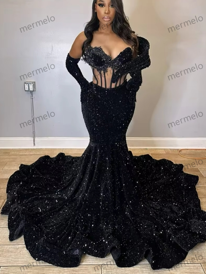 Sexy Black Sequin Mermaid Long Prom Dresses With Gloves Afican Elegant Dress For Wedding Party Evening Gown