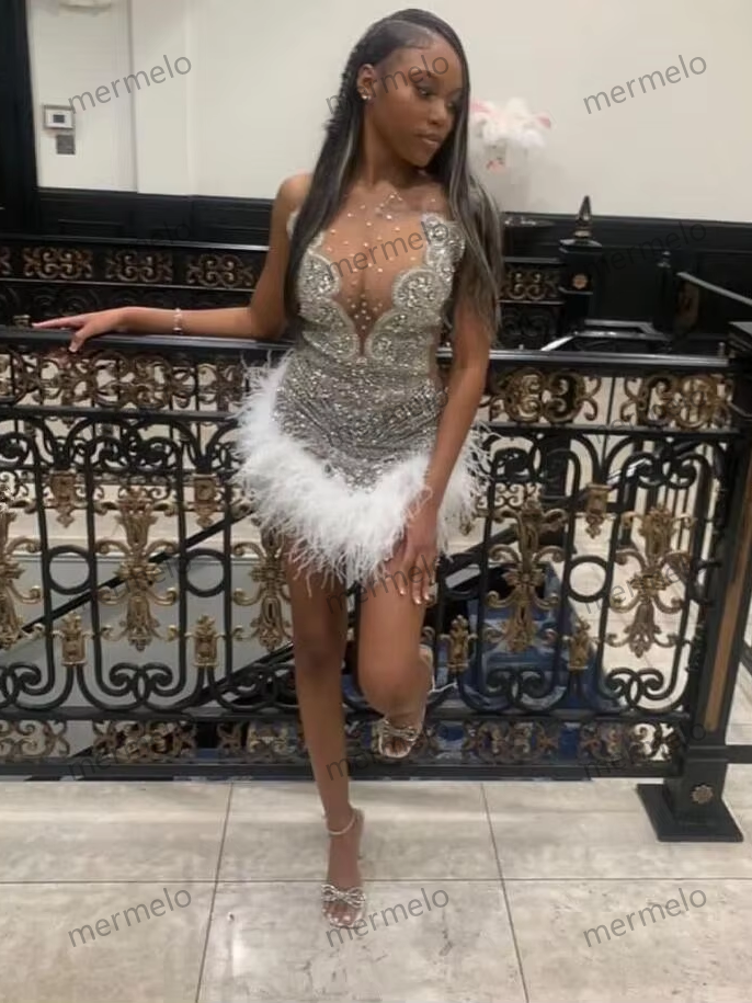 Short White Prom Dress For Black Girl Luxury Silver Diamond Feather Sheer Mesh Birthday Homecoming Gown