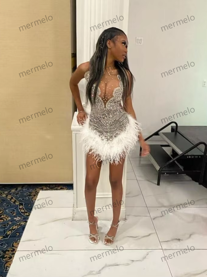 Short White Prom Dress For Black Girl Luxury Silver Diamond Feather Sheer Mesh Birthday Homecoming Gown
