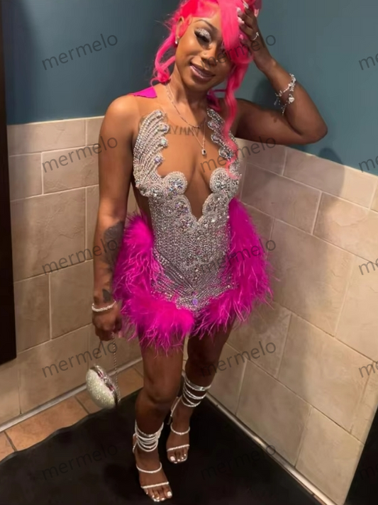 Fuchsia Feather Prom Dress Short Bead Crystal Birthday Luxury Dress O Neck Black Girls Mini Cocktail Homecoming