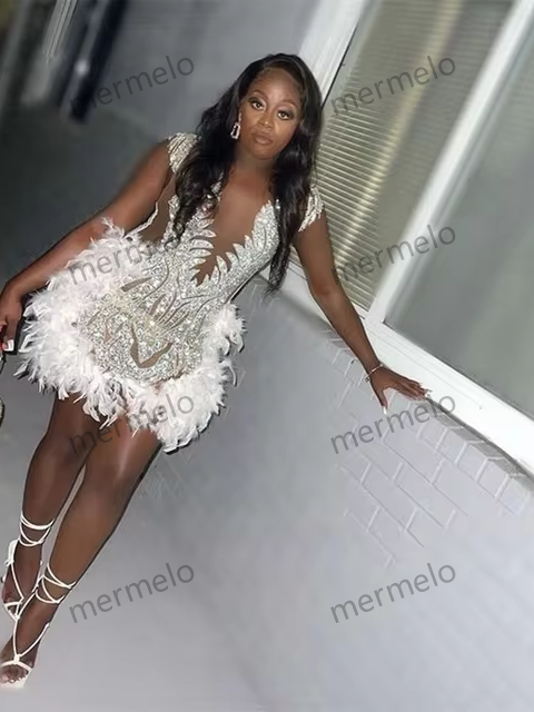 Diamonds Short Prom Dress Sheer Neck Beads Rhinestones Feather Birthday Party Cocktail Gowns