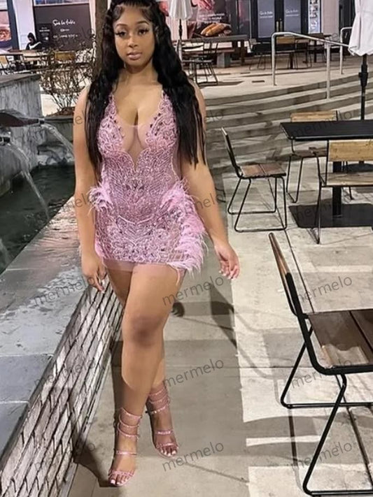 Pink Baddie Prom Dress With Feather Mini Short See Through Cokctail Dress Black Girls Holiday Evening Party