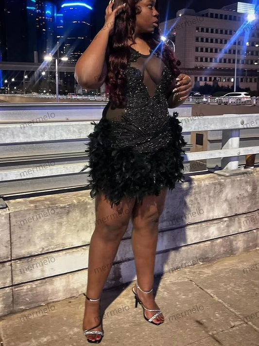 Black Feathers Luxury Rhinestone Blackgirl Prom Dresses Fitted Birthday Party Dresses