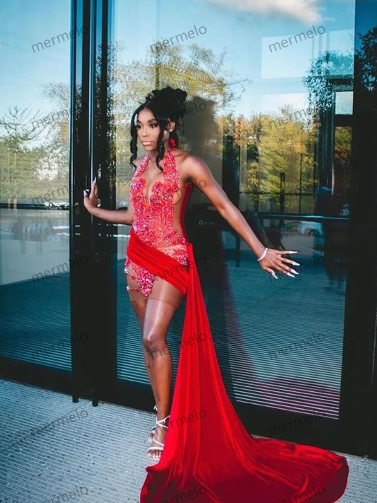 Red Velour Luxury Dresses Women Prom Dresses Beads Crystal For Black Girls Birthday Gown Mini Cocktail Dress Side Train
