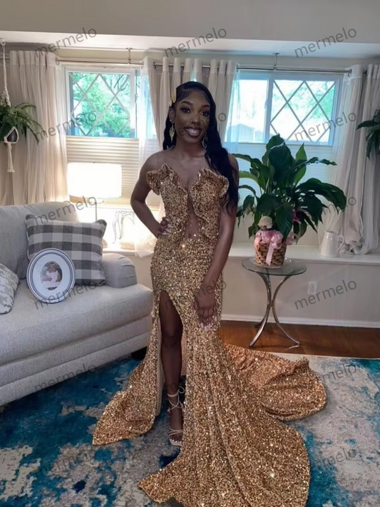 Sparkling Gold Long Mermaid Prom Gowns For Women Luxury Studded Diamante Sexy High Split Birthday Dresses