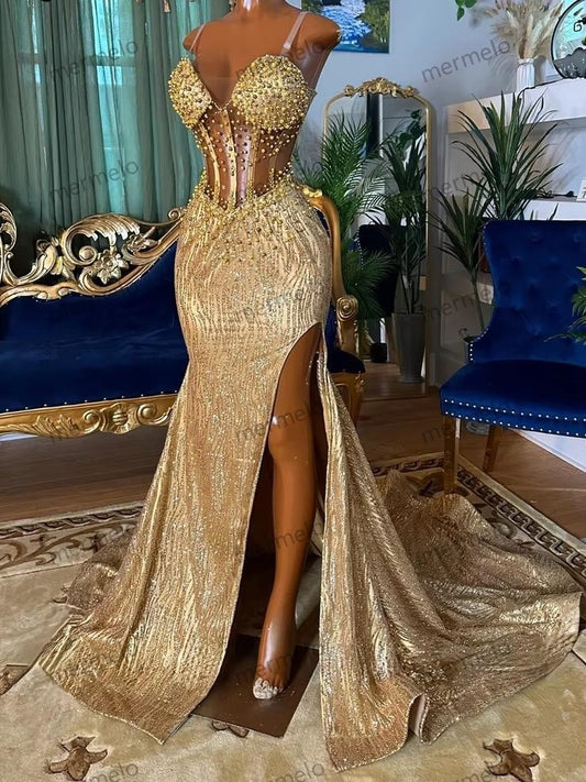 Sparkly Gold Prom Dresses Spaghetti Straps Side Split Crystal Beading Pearls Evening Gowns Wedding Party Wear