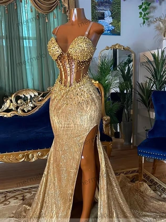 Sparkly Gold Prom Dresses Spaghetti Straps Side Split Crystal Beading Pearls Evening Gowns Wedding Party Wear