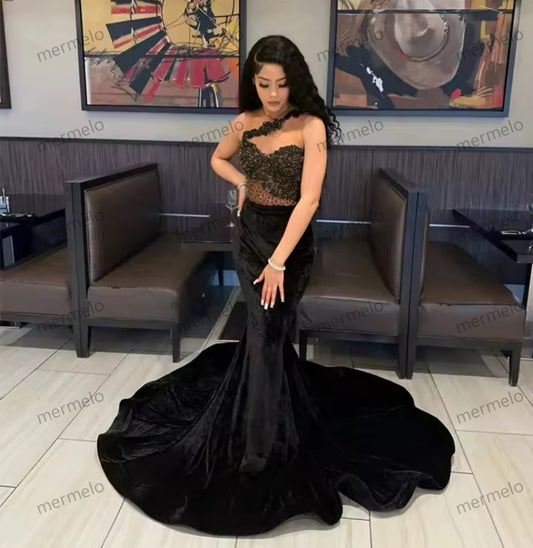 Velvet One Shoulder Evening Dresses For Black Girls Appliques Birthday Beaded Party Gowns Long Prom Dresses Mermaid Customized