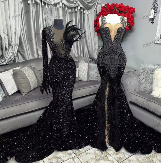 Black Sequin Long Sleeve Feather Prom Dresses Luxury With Gloves Black Girls Mermaid New In Dress Party Cocktail Customized