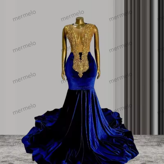 Blue Velvet African Prom Dress for Black Girl Crystal Diamond Sheer Mesh Mermaid Evening Gala Queen Gowns