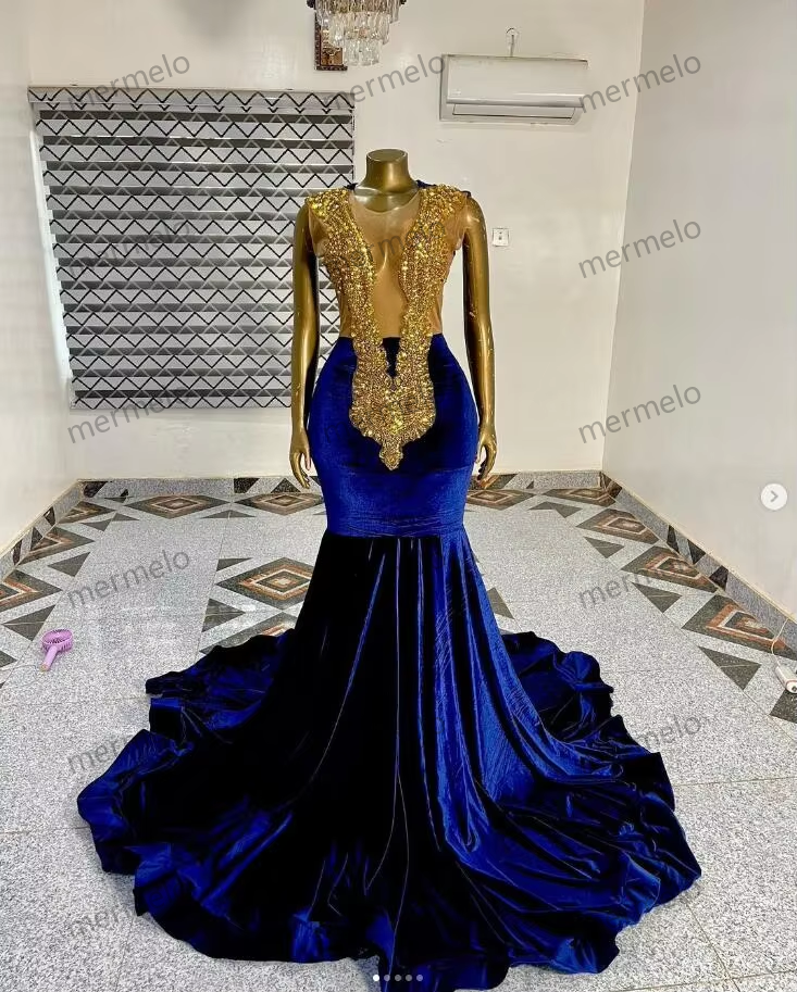 Blue Velvet African Prom Dress for Black Girl Crystal Diamond Sheer Mesh Mermaid Evening Gala Queen Gowns