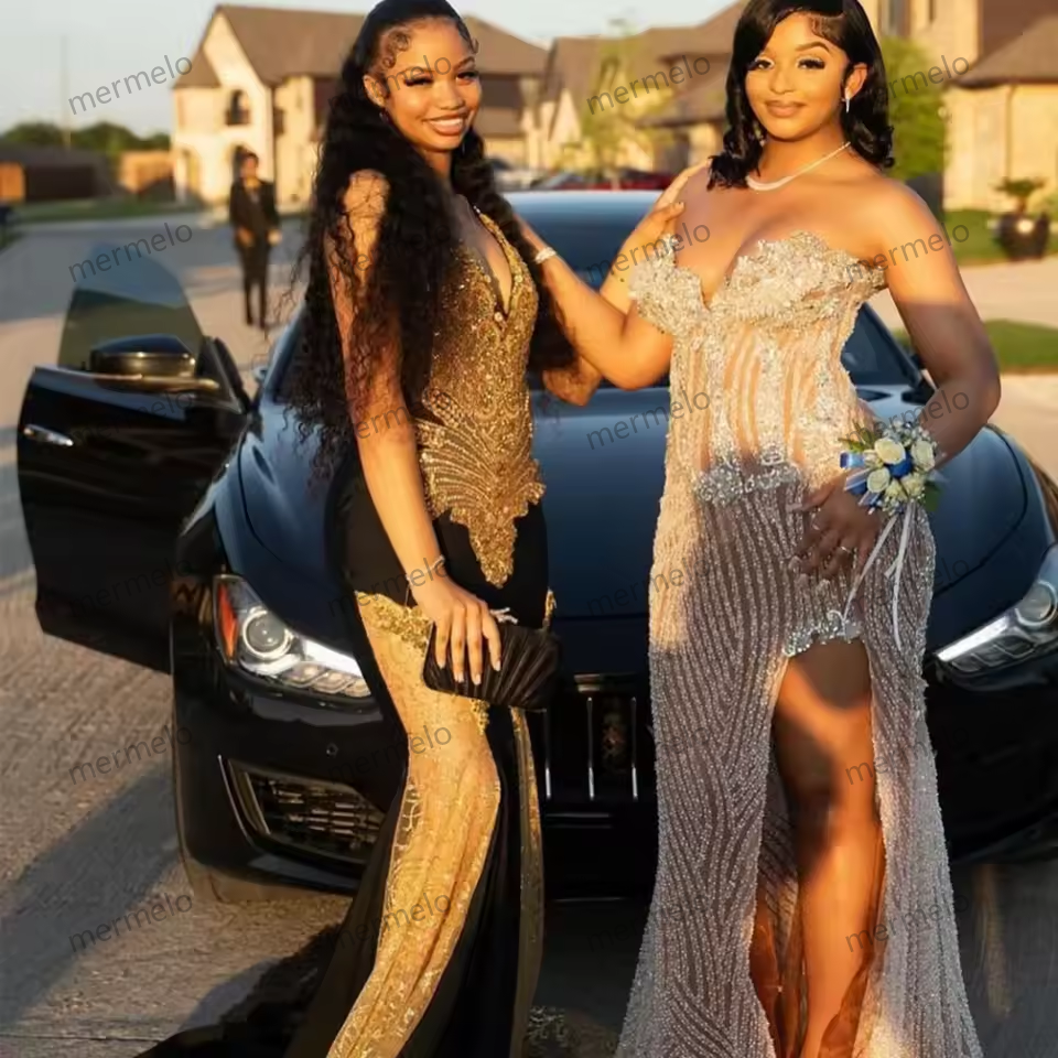 Luxury Rhinestones Prom Gowns For Black Girls Gold Beaded Crystal Birthday Party Dresses Formal Evening Dress