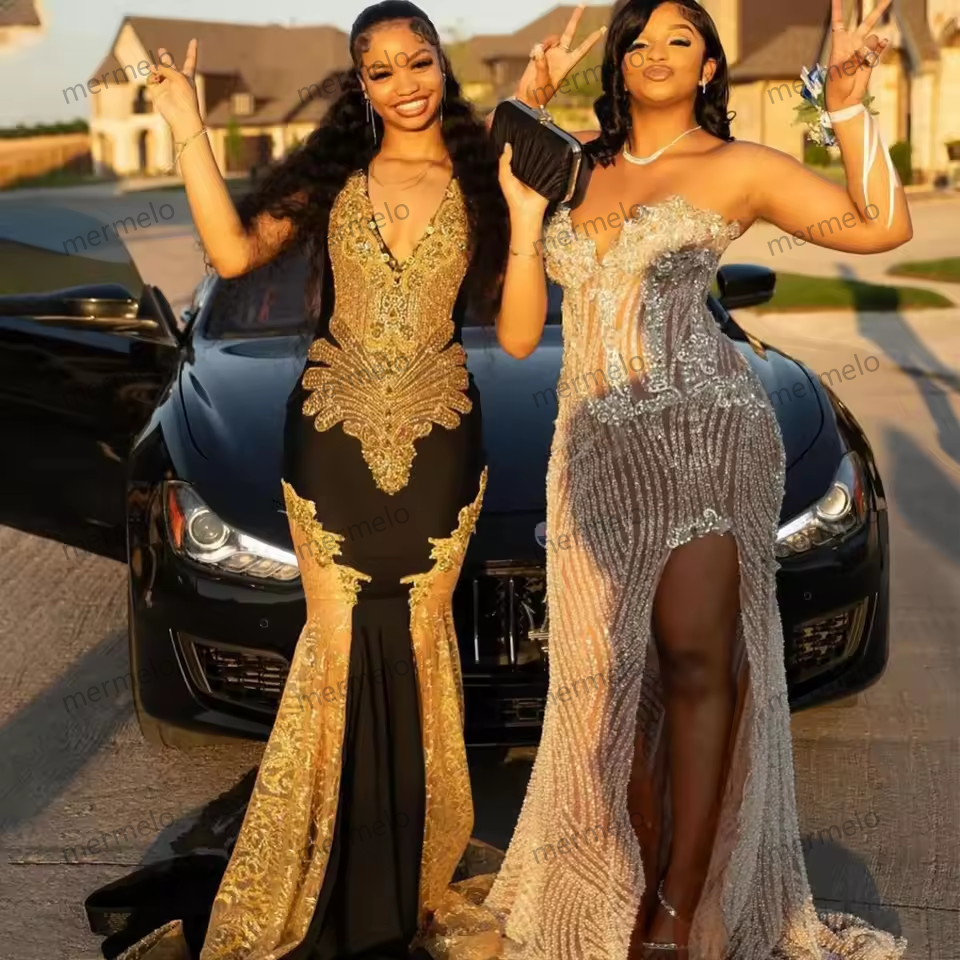 Luxury Rhinestones Prom Gowns For Black Girls Gold Beaded Crystal Birthday Party Dresses Formal Evening Dress