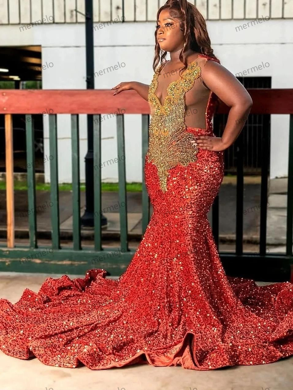 Red Sequins Mermaid Prom Dress Gold Crystals Diamond Beaded Black Girl Party Gala Gowns