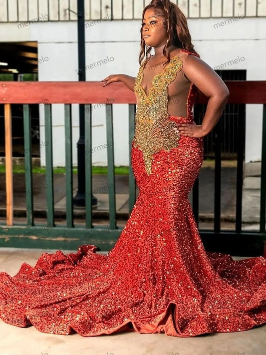 Red Sequins Mermaid Prom Dress Gold Crystals Diamond Beaded Black Girl Party Gala Gowns