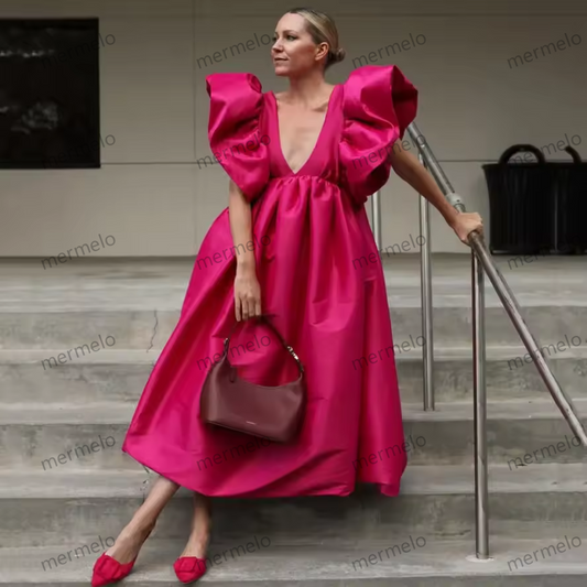 V-neck Satin Dress Ruffles Long Dress Women's Dress High-waisted Open Back Dress A-line Taffeta Dress Elegant Dresses For Women