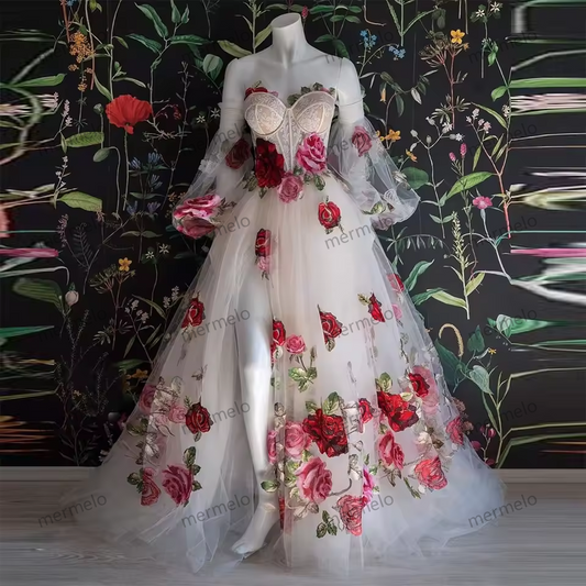 Floral Embroidery Lace Prom Dresses Sweetheart Puff Sleeves A-Line High Side Split Evening Gowns Formal Party Dress