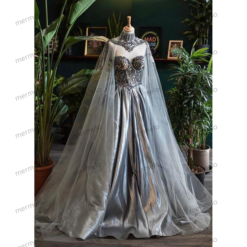 Appliques High Neck Sequined Evening Dresses Floor Length Cap Sleeve Sweep Train Formal Occasion Prom Dress for Elegant Women