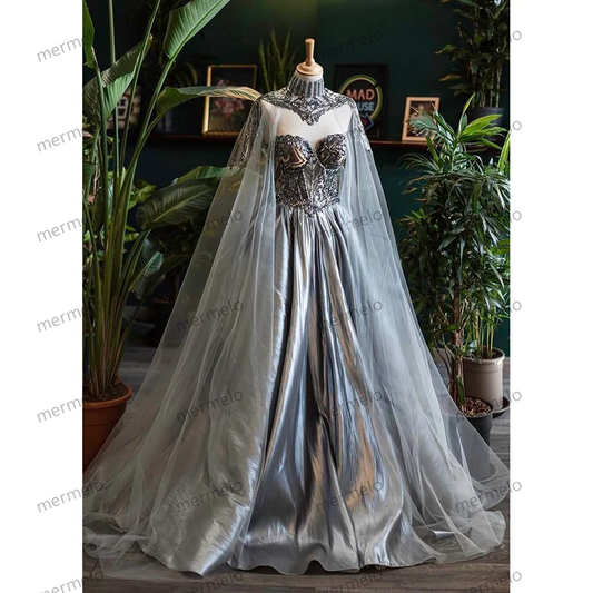 Appliques High Neck Sequined Evening Dresses Floor Length Cap Sleeve Sweep Train Formal Occasion Prom Dress for Elegant Women