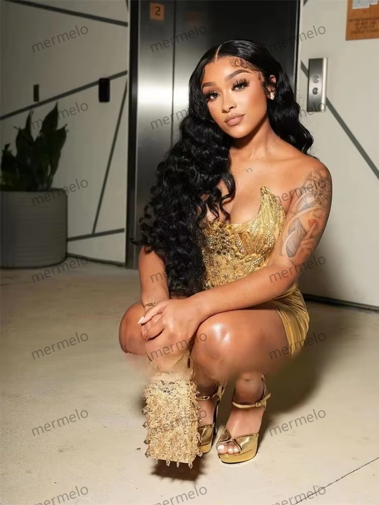 Gold Strapless Short Prom Dress For Black Girls Bead Crystal Rhinestone 2025 Birthday Luxury Gown Cocktail Homecoming Customized