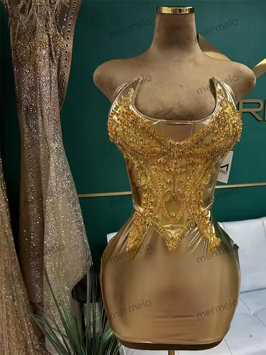 Gold Strapless Short Prom Dress For Black Girls Bead Crystal Rhinestone 2025 Birthday Luxury Gown Cocktail Homecoming Customized