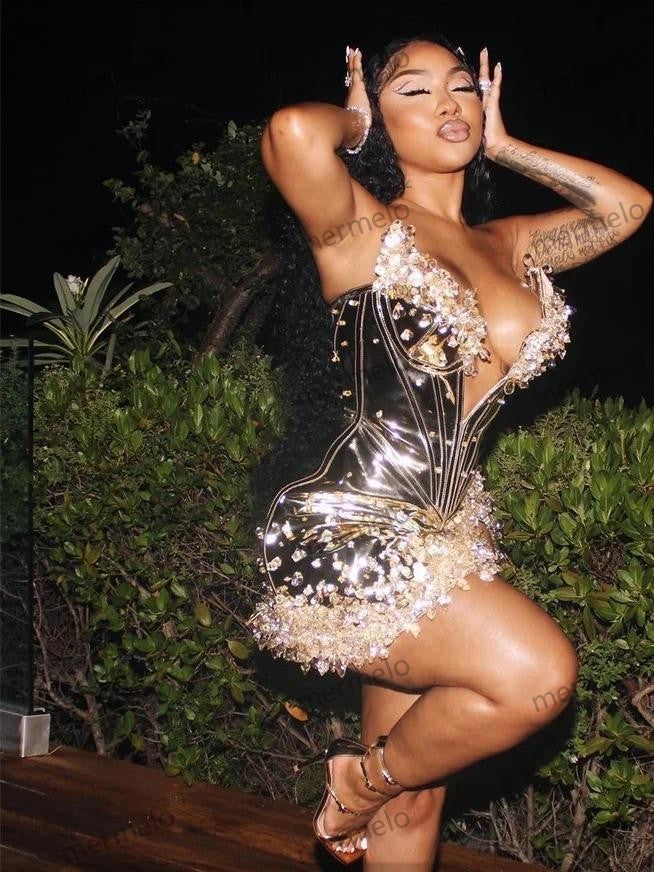 Sparkly Gold Leather Short Prom Bead Crystal Rhinestones Cocktail Dress Vestidos De Festa Leather Birthday Dress Customized