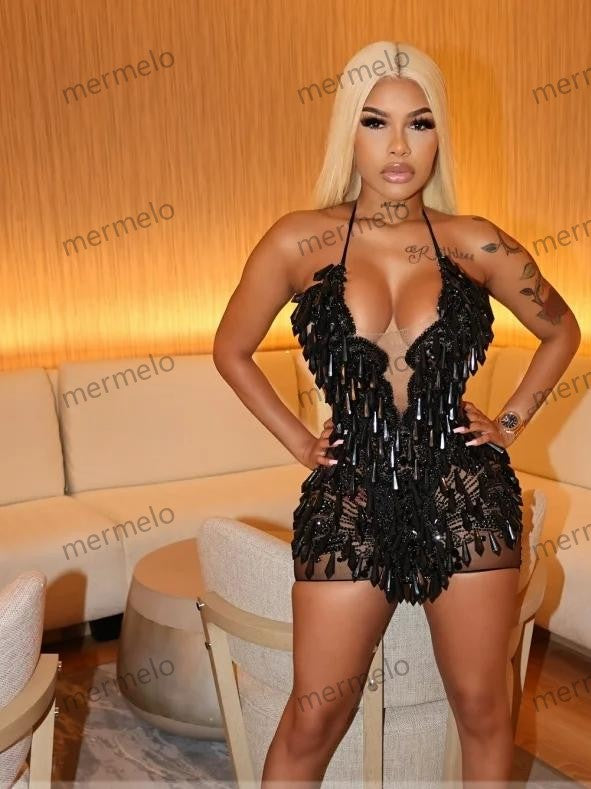 Sparkly Black Crystals Short Prom Dress Luxury For Black Girl Glitter Rhinestones Cocktail Dress Birthday Gown Halter Customized