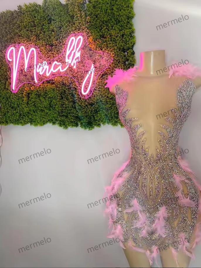 Beaded Handmade Crystals Women Birthday Party Gowns Sexy See Through pink Feather Black Girls High Neck Short Mini Prom