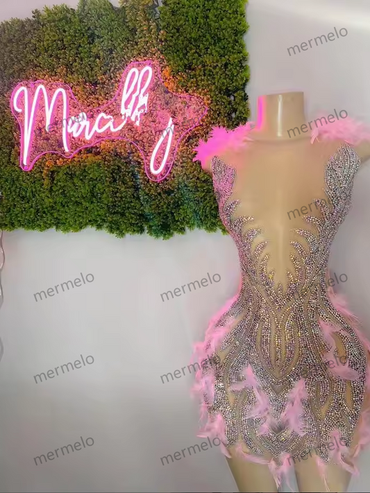 Beaded Handmade Crystals Women Birthday Party Gowns Sexy See Through pink Feather Black Girls High Neck Short Mini Prom