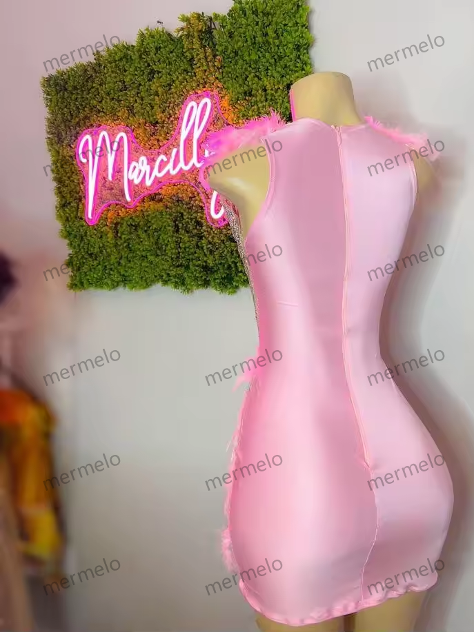 Beaded Handmade Crystals Women Birthday Party Gowns Sexy See Through pink Feather Black Girls High Neck Short Mini Prom